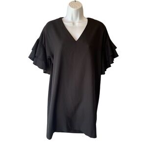 Banana Republic shift dress 2P 2 Petite Black Short ruffle sleeves V-neck Womens